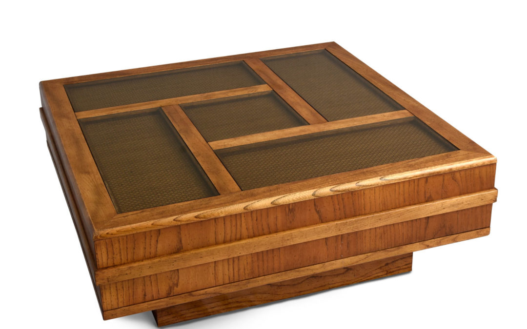 Vintage 1970s Monumental Square Coffee Table with Caned and Glass Top