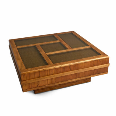 Large Square Cane and Glass Top Square Coffee Table Flyspeck Oak