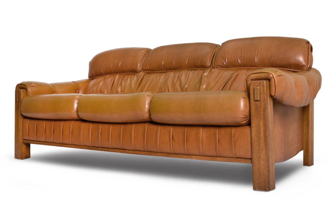 Vintage Generously Stuffed Butterscotch and Oak Sofa