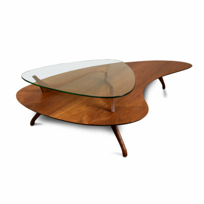 Two tier walnut and glass Vladimir Kagan and Adrian Pearsall style boomerang coffee table