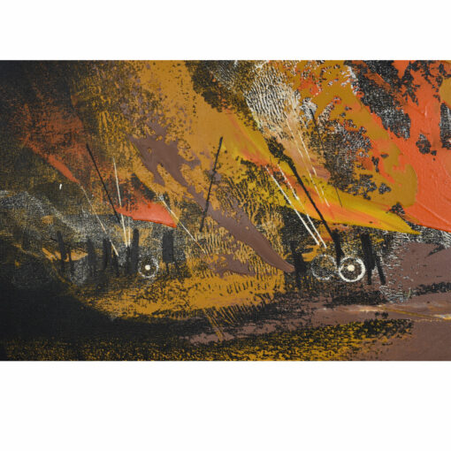 Vintage 1960s mid-century modern abstract fire scene painting by Rutten. Dynamic orange, yellow and brown brush strokes with primitive figures.