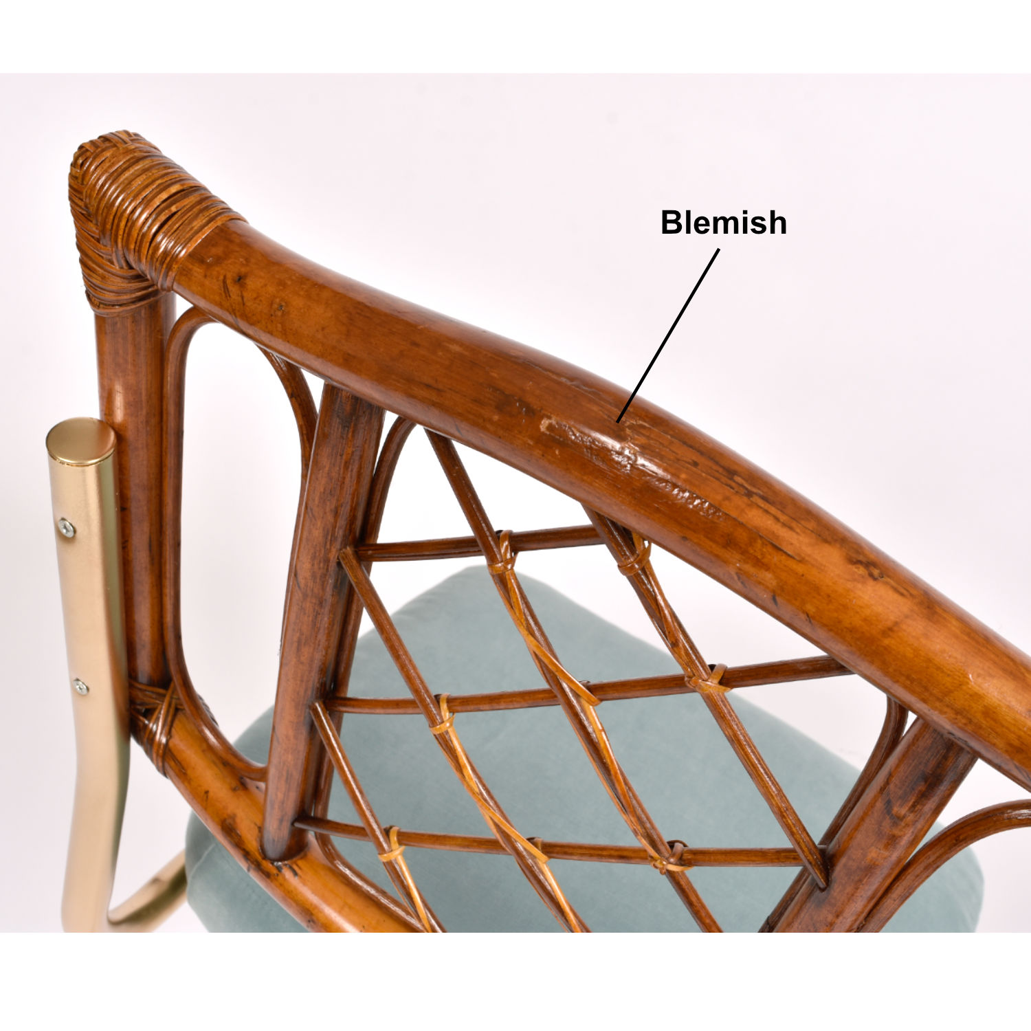 Restored vintage 1970s Bohemian rattan back dining chairs with matte gold cantilever steel frames and new blue velvet seats. Restored vintage 1970s Bohemian rattan back dining chairs with matte gold cantilever steel frames and new blue velvet seats.