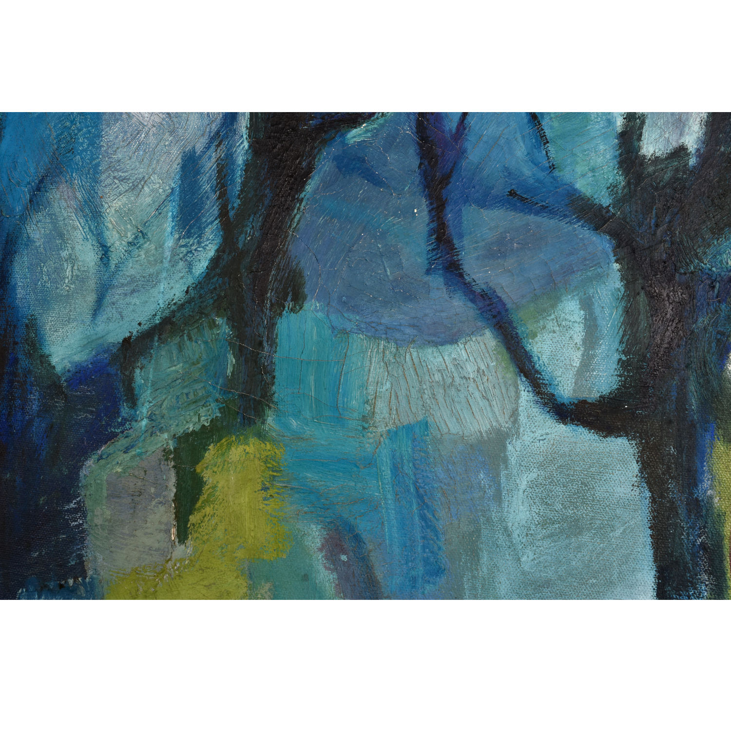Mid Century Modern Cubist forest painting by Atlanta artist Charlotte Smith. The abstract image contains masses of blue, green, white and violet. Mid Century Modern Cubist forest painting by Atlanta artist Charlotte Smith. The abstract image contains masses of blue, green, white and violet.