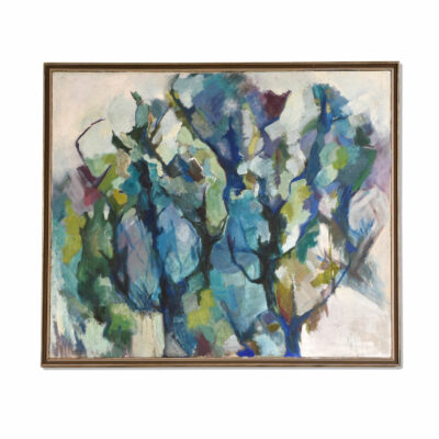 Mid Century Modern Cubist forest painting by Atlanta artist Charlotte Smith. The abstract image contains masses of blue, green, white and violet.