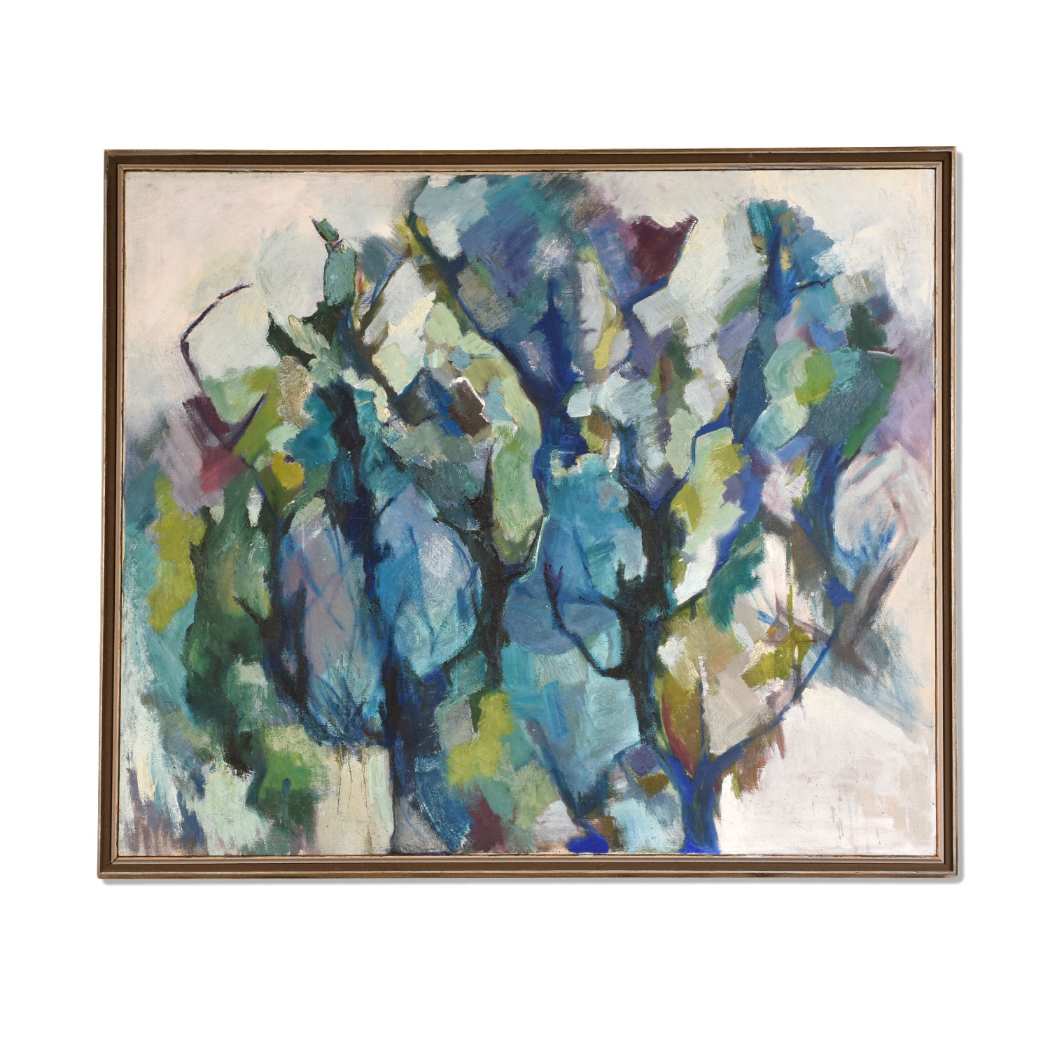 Mid Century Modern Cubist forest painting by Atlanta artist Charlotte Smith. The abstract image contains masses of blue, green, white and violet. Mid Century Modern Cubist forest painting by Atlanta artist Charlotte Smith. The abstract image contains masses of blue, green, white and violet.