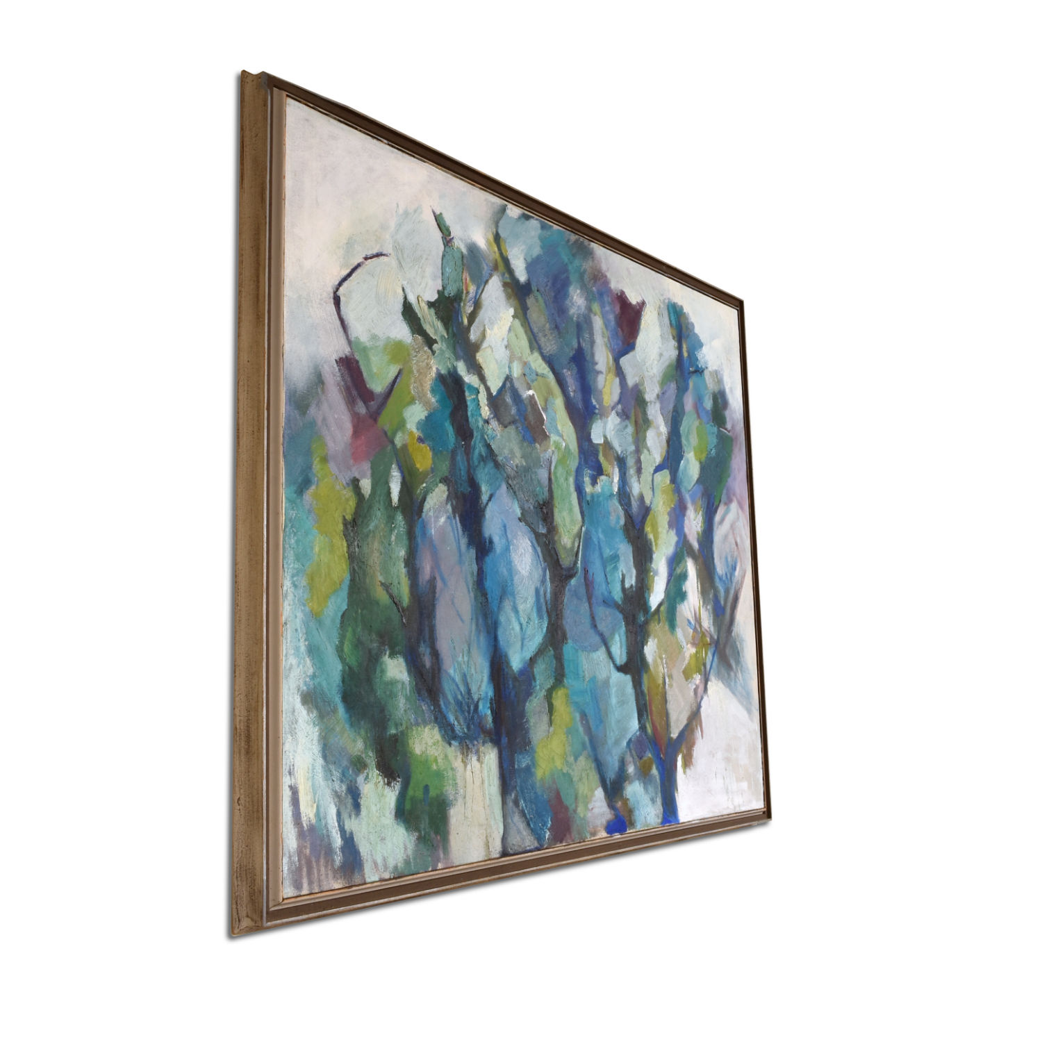 Mid Century Modern Cubist forest painting by Atlanta artist Charlotte Smith. The abstract image contains masses of blue, green, white and violet. Mid Century Modern Cubist forest painting by Atlanta artist Charlotte Smith. The abstract image contains masses of blue, green, white and violet.