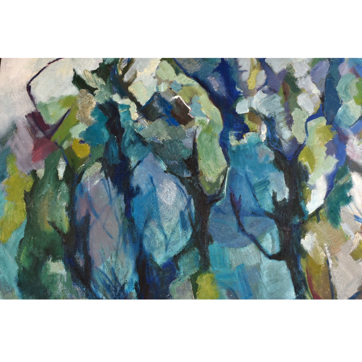 Mid Century Modern Cubist forest painting by Atlanta artist Charlotte Smith. The abstract image contains masses of blue, green, white and violet. Mid Century Modern Cubist forest painting by Atlanta artist Charlotte Smith. The abstract image contains masses of blue, green, white and violet.