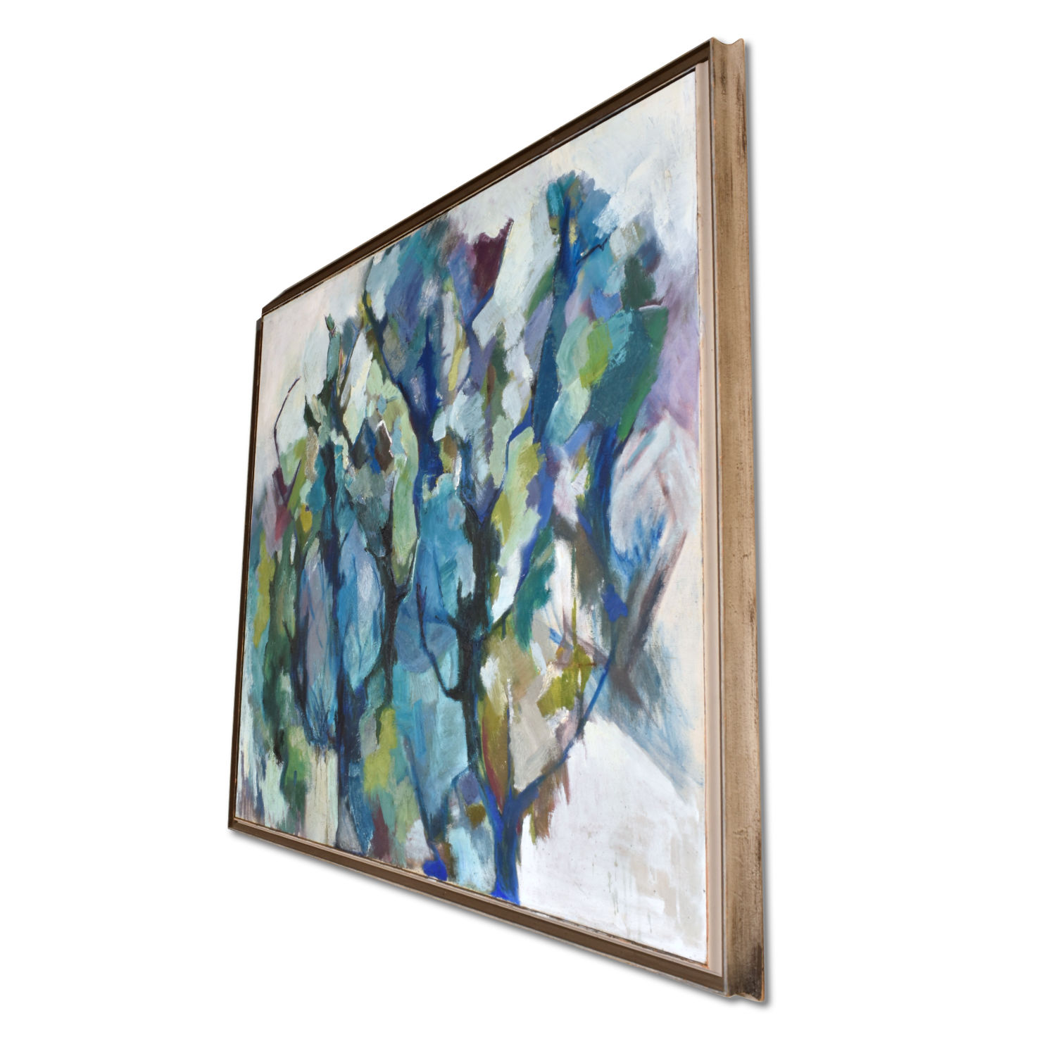 Mid Century Modern Cubist forest painting by Atlanta artist Charlotte Smith. The abstract image contains masses of blue, green, white and violet. Mid Century Modern Cubist forest painting by Atlanta artist Charlotte Smith. The abstract image contains masses of blue, green, white and violet.