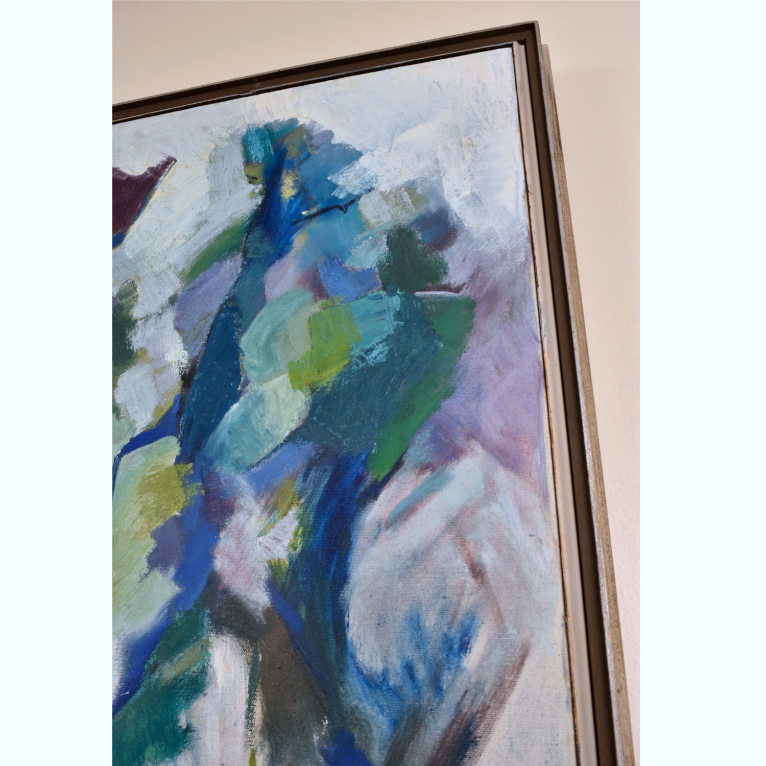 Mid Century Modern Cubist forest painting by Atlanta artist Charlotte Smith. The abstract image contains masses of blue, green, white and violet. Mid Century Modern Cubist forest painting by Atlanta artist Charlotte Smith. The abstract image contains masses of blue, green, white and violet.