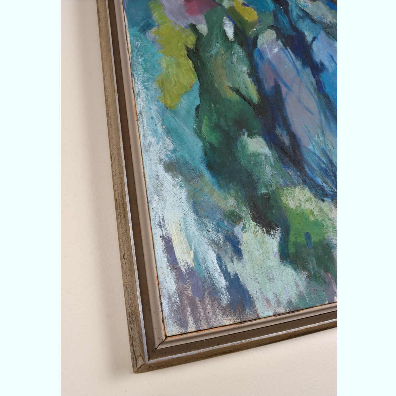Mid Century Modern Cubist forest painting by Atlanta artist Charlotte Smith. The abstract image contains masses of blue, green, white and violet. Mid Century Modern Cubist forest painting by Atlanta artist Charlotte Smith. The abstract image contains masses of blue, green, white and violet.