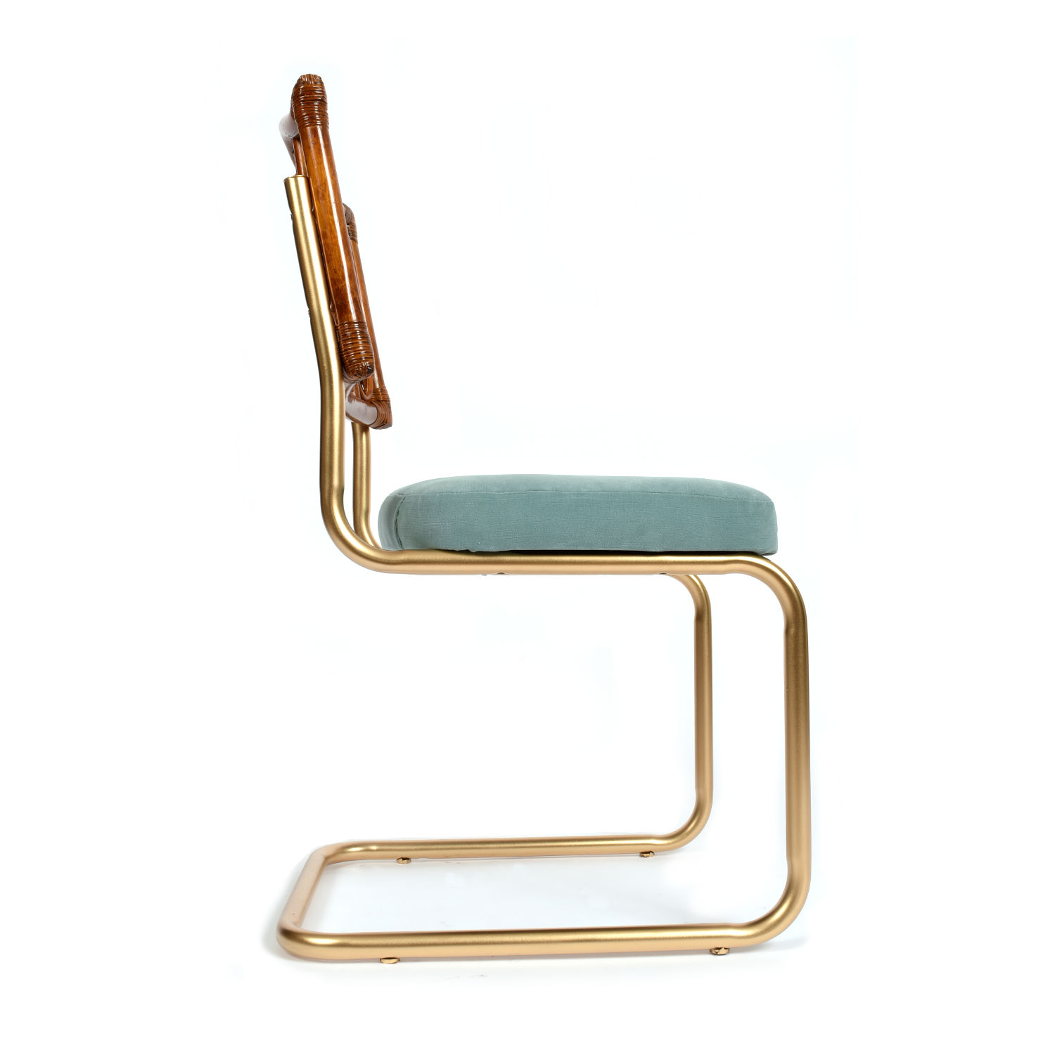 Restored vintage 1970s Bohemian rattan back dining chairs with matte gold cantilever steel frames and new blue velvet seats. Restored vintage 1970s Bohemian rattan back dining chairs with matte gold cantilever steel frames and new blue velvet seats.