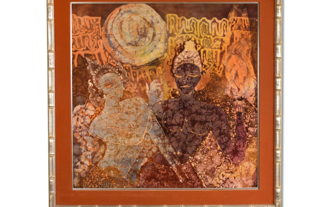 Large Vintage Indonesian Figural Batik in Silve Faux Bamboo Frame