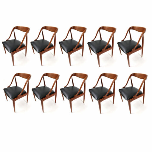 Johannes Andersen for Uldum Mobelfabrik set of 10 vintage 1960s Danish teak dining chairs. Exquisite mid-century modern design on beautifully aged teak.