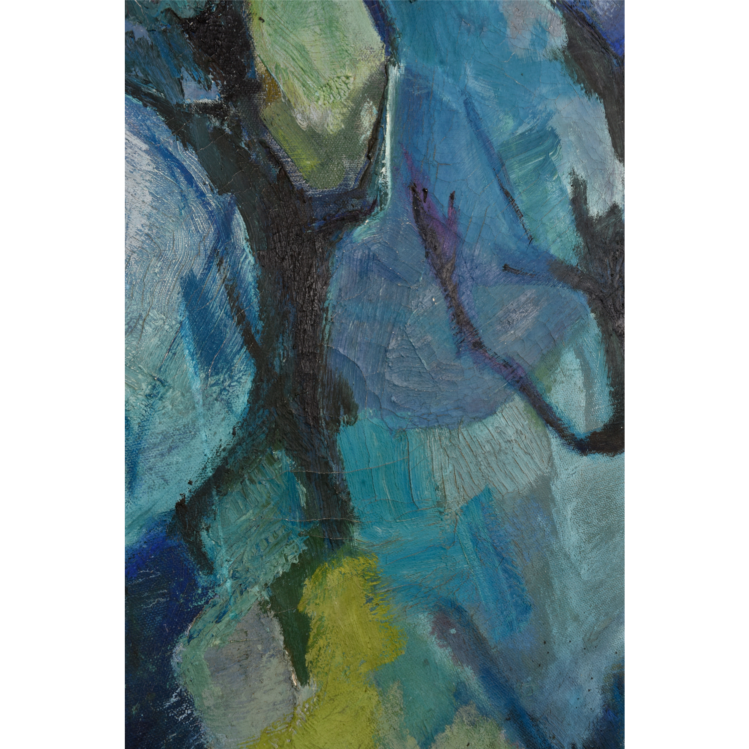 Mid Century Modern Cubist forest painting by Atlanta artist Charlotte Smith. The abstract image contains masses of blue, green, white and violet. Mid Century Modern Cubist forest painting by Atlanta artist Charlotte Smith. The abstract image contains masses of blue, green, white and violet.