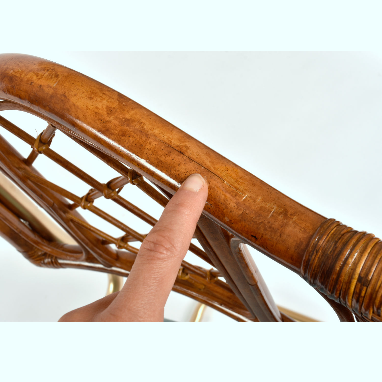 Restored vintage 1970s Bohemian rattan back dining chairs with matte gold cantilever steel frames and new blue velvet seats. Restored vintage 1970s Bohemian rattan back dining chairs with matte gold cantilever steel frames and new blue velvet seats.