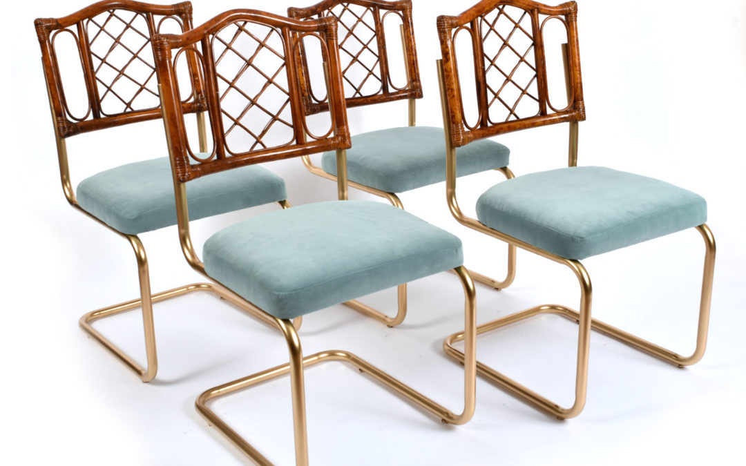 Vintage 1970s Rattan and Gold Dining Chairs with Blue Velvet Seats