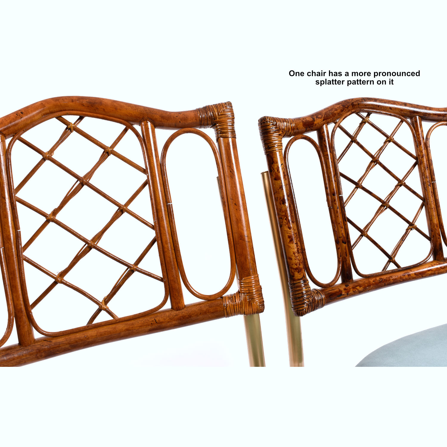 Restored vintage 1970s Bohemian rattan back dining chairs with matte gold cantilever steel frames and new blue velvet seats. Restored vintage 1970s Bohemian rattan back dining chairs with matte gold cantilever steel frames and new blue velvet seats.