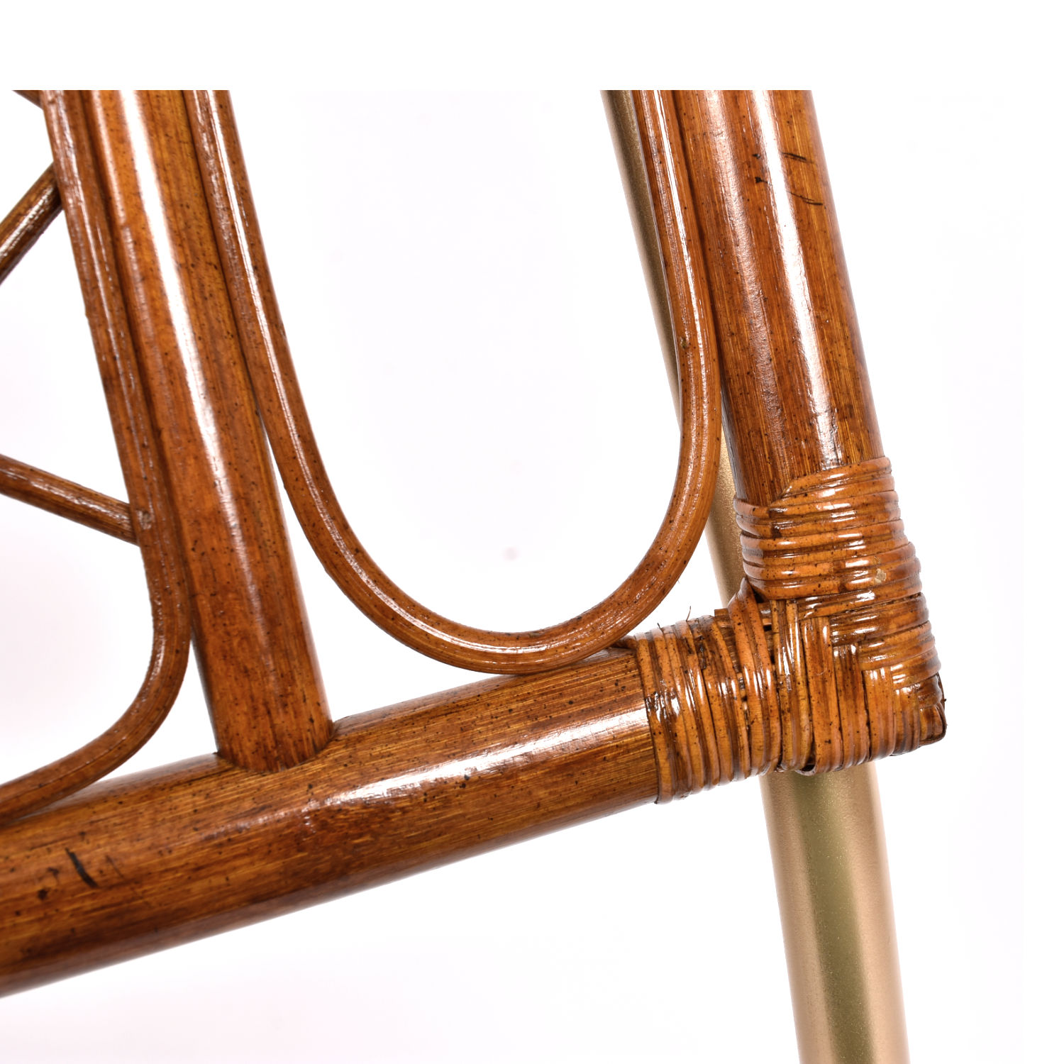 Restored vintage 1970s Bohemian rattan back dining chairs with matte gold cantilever steel frames and new blue velvet seats. Restored vintage 1970s Bohemian rattan back dining chairs with matte gold cantilever steel frames and new blue velvet seats.