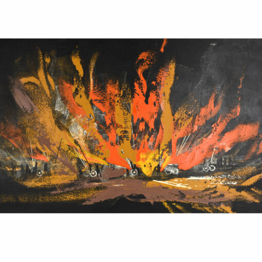 Vintage 1960s mid-century modern abstract fire scene painting by Rutten. Dynamic orange, yellow and brown brush strokes with primitive figures.