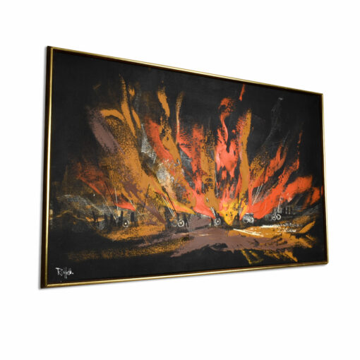 Vintage 1960s mid-century modern abstract fire scene painting by Rutten. Dynamic orange, yellow and brown brush strokes with primitive figures.