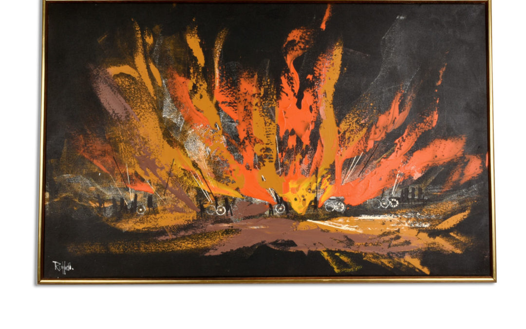 Mid Century Modern Black Orange and Yellow Landscape Painting by Rutten