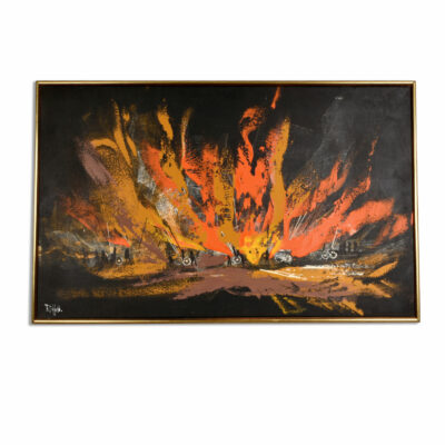 Vintage 1960s mid-century modern abstract fire scene painting by Rutten. Dynamic orange, yellow and brown brush strokes with primitive figures.