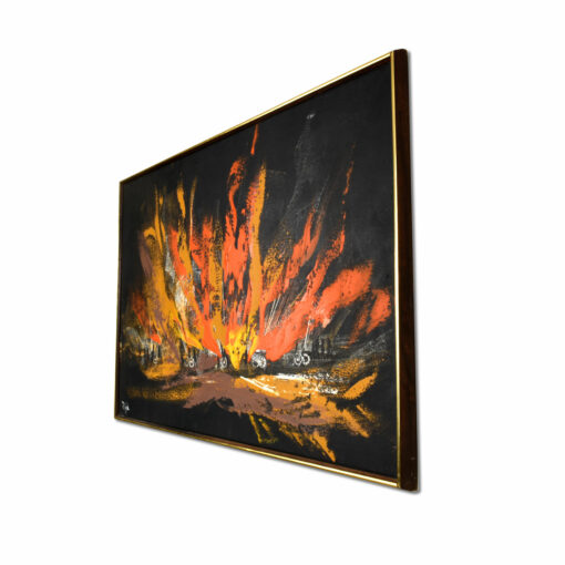 Vintage 1960s mid-century modern abstract fire scene painting by Rutten. Dynamic orange, yellow and brown brush strokes with primitive figures.