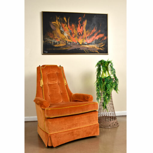 Vintage 1960s mid-century modern abstract fire scene painting by Rutten. Dynamic orange, yellow and brown brush strokes with primitive figures.
