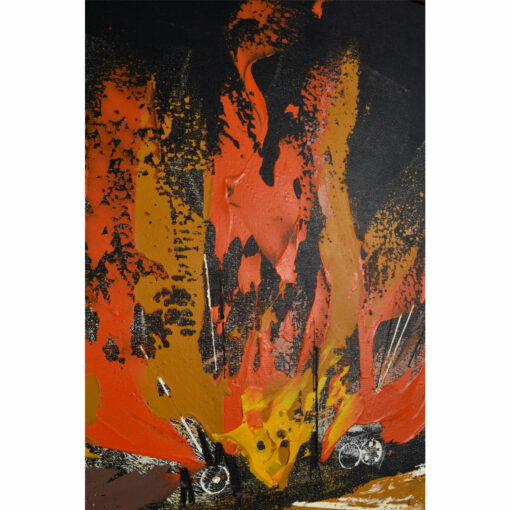 Vintage 1960s mid-century modern abstract fire scene painting by Rutten. Dynamic orange, yellow and brown brush strokes with primitive figures.