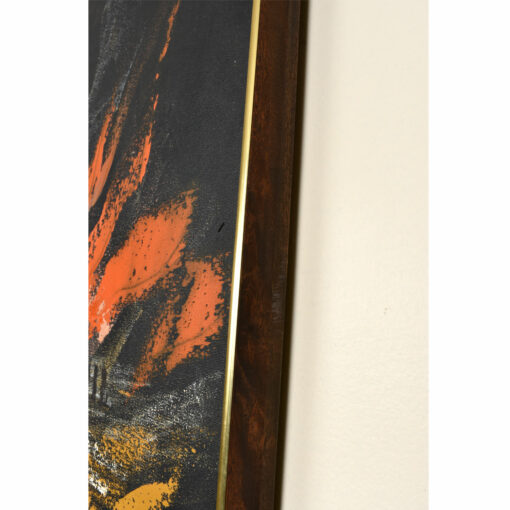 Vintage 1960s mid-century modern abstract fire scene painting by Rutten. Dynamic orange, yellow and brown brush strokes with primitive figures.