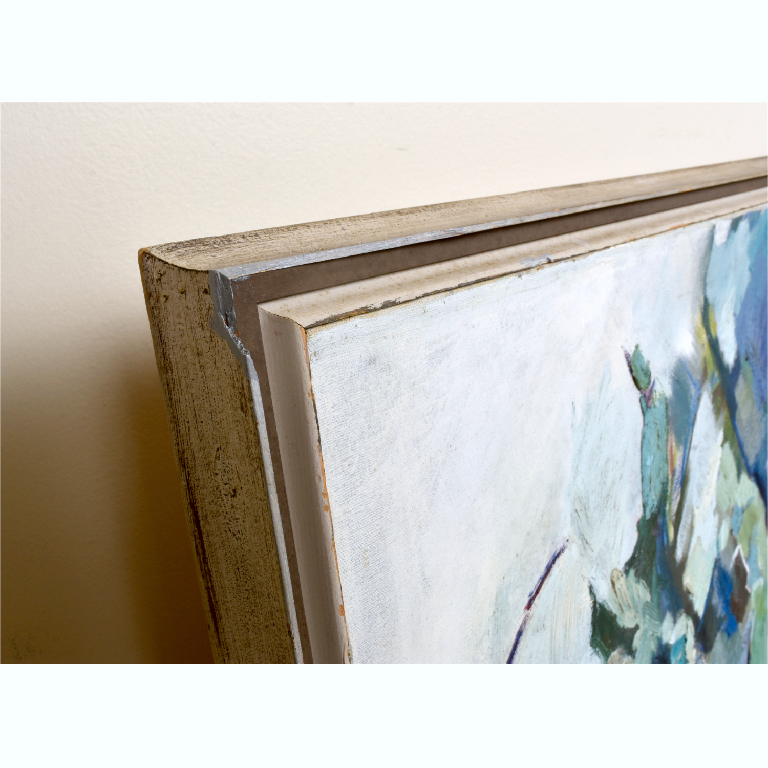 Mid Century Modern Cubist forest painting by Atlanta artist Charlotte Smith. The abstract image contains masses of blue, green, white and violet. Mid Century Modern Cubist forest painting by Atlanta artist Charlotte Smith. The abstract image contains masses of blue, green, white and violet.