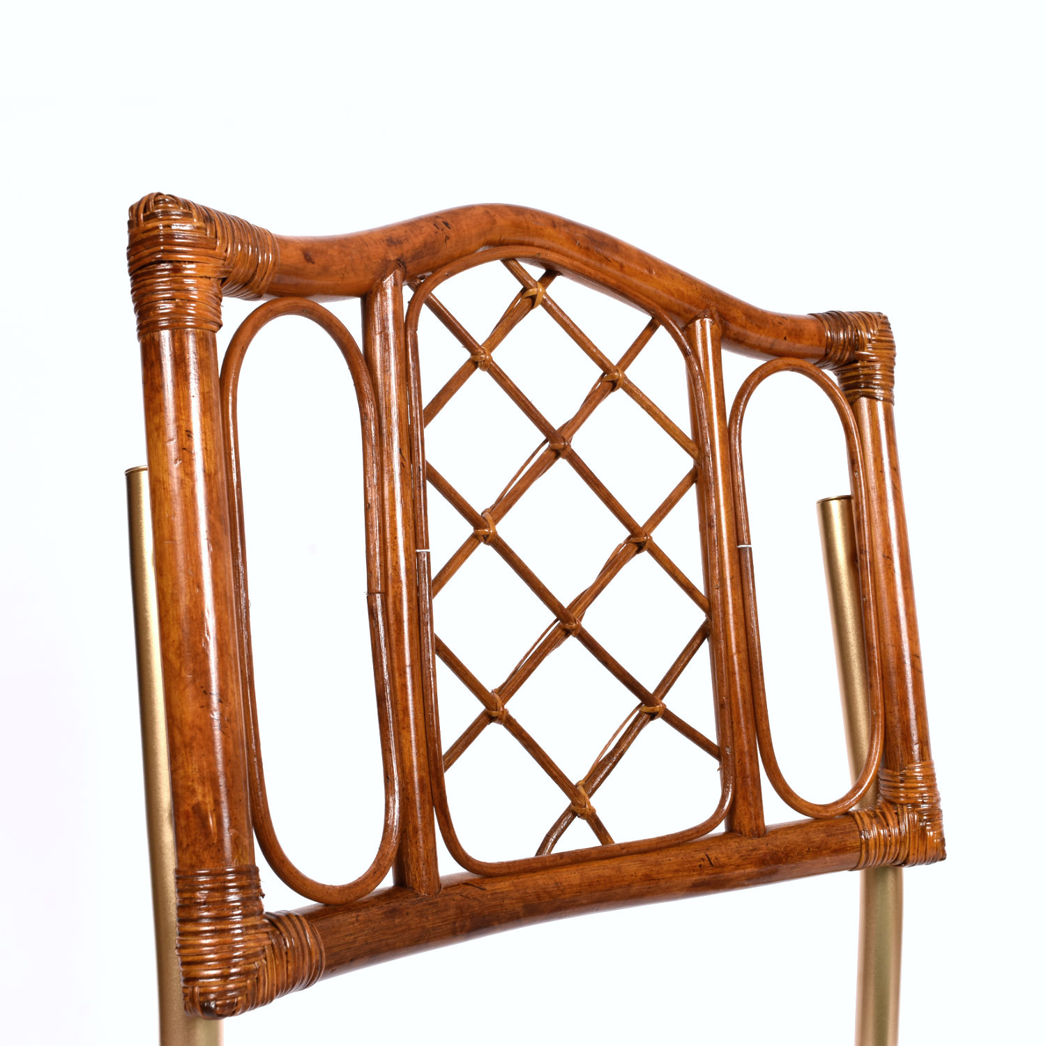 Restored vintage 1970s Bohemian rattan back dining chairs with matte gold cantilever steel frames and new blue velvet seats. Restored vintage 1970s Bohemian rattan back dining chairs with matte gold cantilever steel frames and new blue velvet seats.