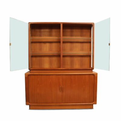 Vintage Dyrlund Danish Modern teak china cabinet with lighted display.