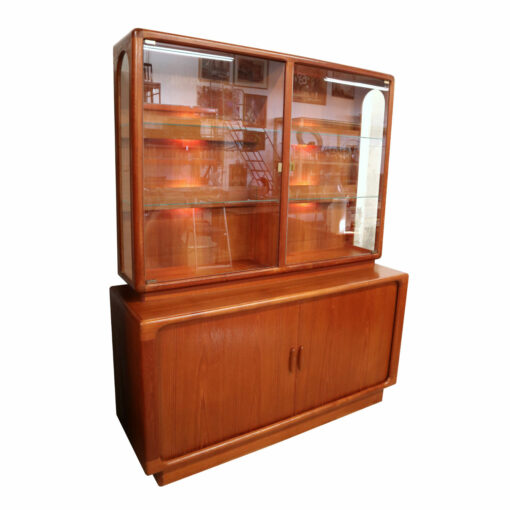 Vintage Dyrlund Danish Modern teak china cabinet with lighted display.