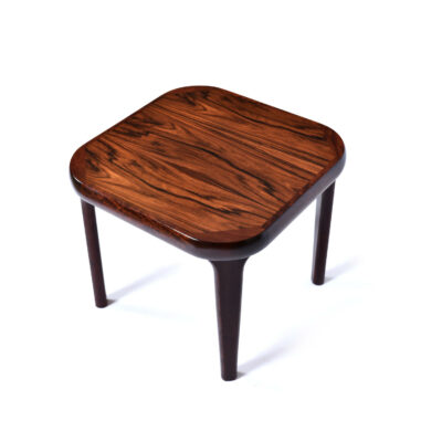 Vintage Danish Modern end table with a rounded square top. Exceptional quality construction on this professionally refinished mid-century modern table.
