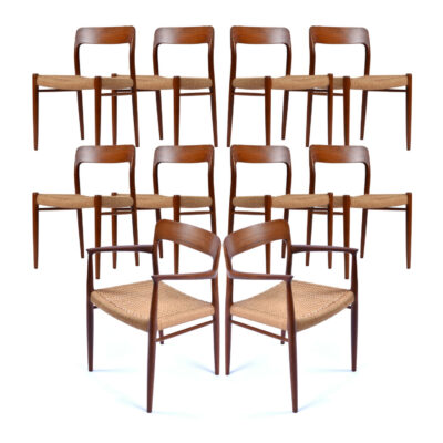 Danish Modern teak dining chairs with roped seats by Niels Otto Moller for J.L. Moller