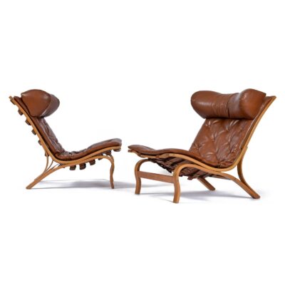 Beech Wood Arne Norell Skandi Chair Set in Tufted Cognac Leather Made in Sweden