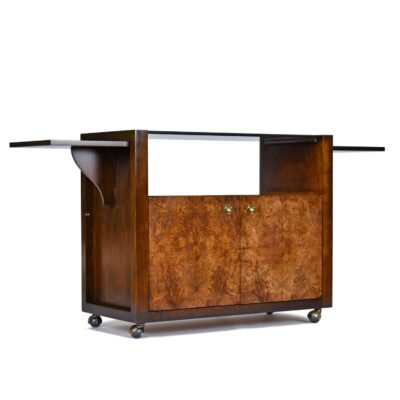 Vintage Burl Wood and Brass Campaign Bar Cart Server Dry Bar