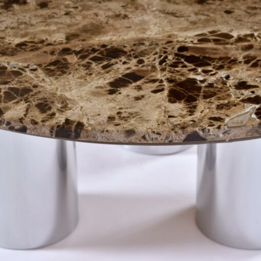 round marble coffee table, vintage 1970s, situated on three polished aluminum pedestal legs