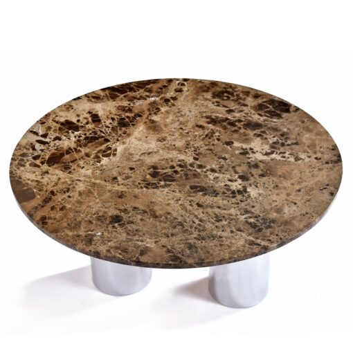 round marble coffee table, vintage 1970s, situated on three polished aluminum pedestal legs