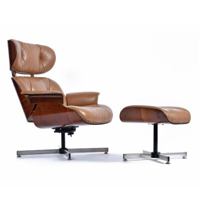 Beige Plycraft Lounge Chair and Ottoman in Walnut Wood