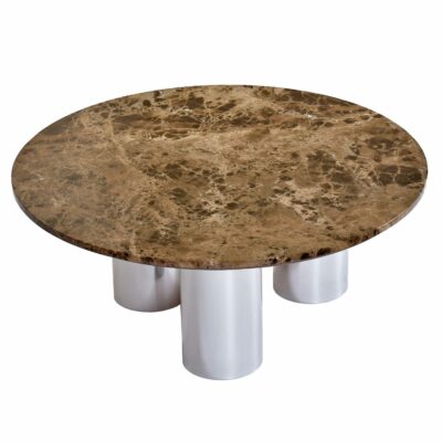 round marble coffee table, vintage 1970s, situated on three polished aluminum pedestal legs