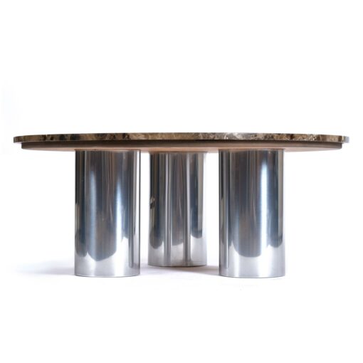 round marble coffee table, vintage 1970s, situated on three polished aluminum pedestal legs