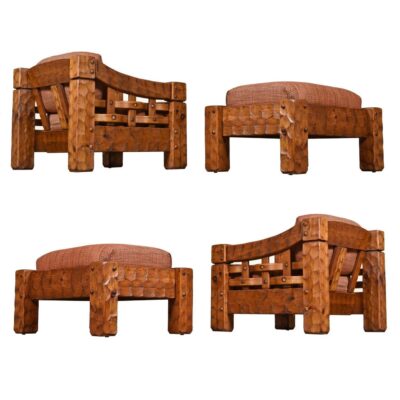 farmhouse pine armchairs with ottomans by Null