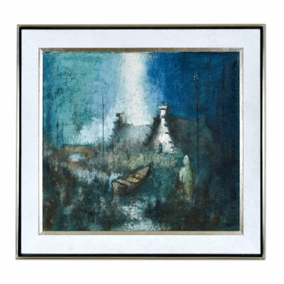 Nautical and Figural Village Painting in White and Blue Vintage 1972
