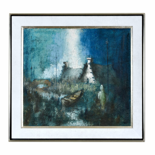 Nautical and Figural Village Painting in White and Blue Vintage 1972