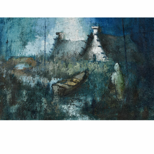 Nautical and Figural Village Painting in White and Blue Vintage 1972