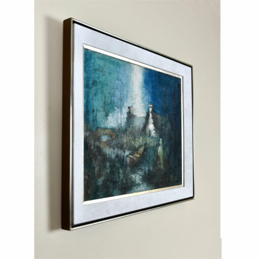 Nautical and Figural Village Painting in White and Blue Vintage 1972