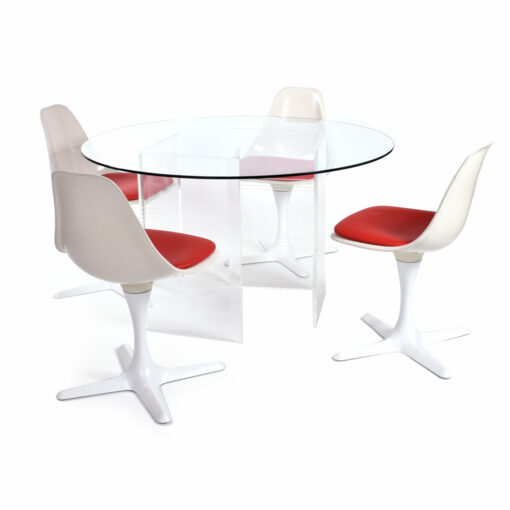 Mid-Century Modern Burke tulip chairs with round clear dining table
