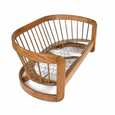 Crescent shaped curved solid oak spindle back loveseat sofa frame